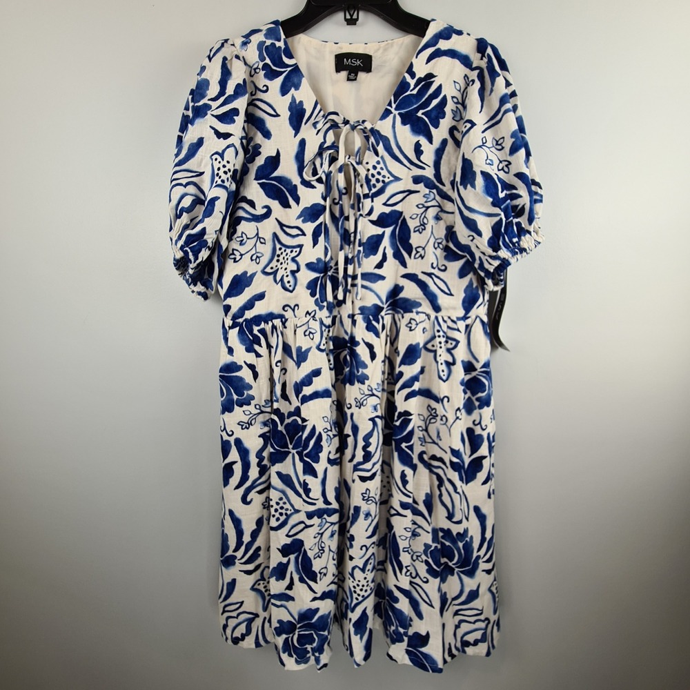 MSK Womens Blue White Floral Linen Blend Puff Sleeve Tie Neck Dress XS Pockets